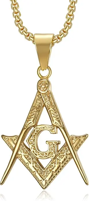 18K Gold Plated Freemason Symbol Pendant Stainless Steel Necklace for Men, 24… — product photo