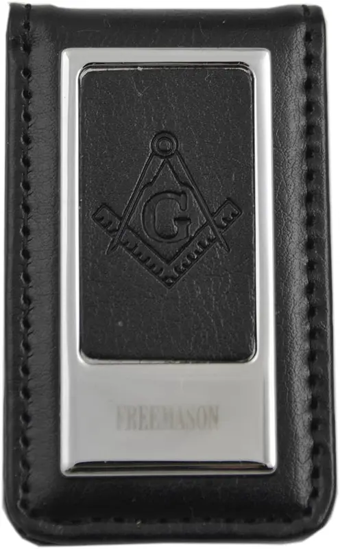 Black Leather Square & Compass Masonic Money Clip - [Silver][3'' Tall] — product photo