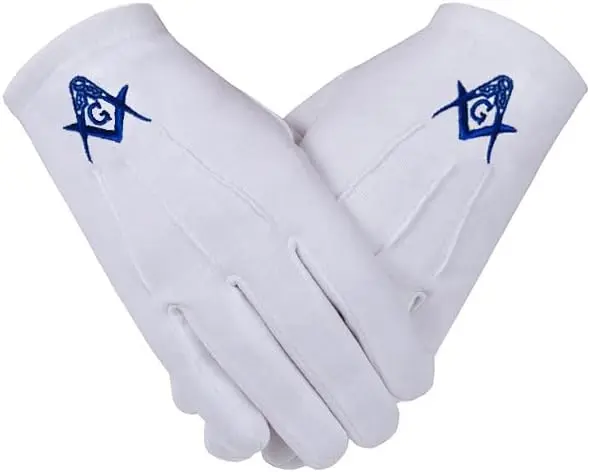 blue square & compass machine embroidered masonic 100% cotton gloves — product photo