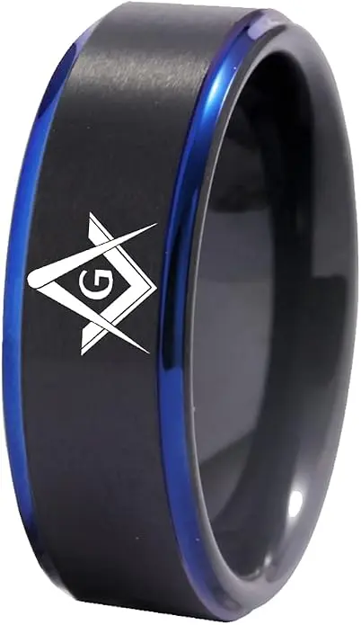 Classic Black with Blue Step Men's Tungsten Carbide Ring Brushed Masonic… — product photo