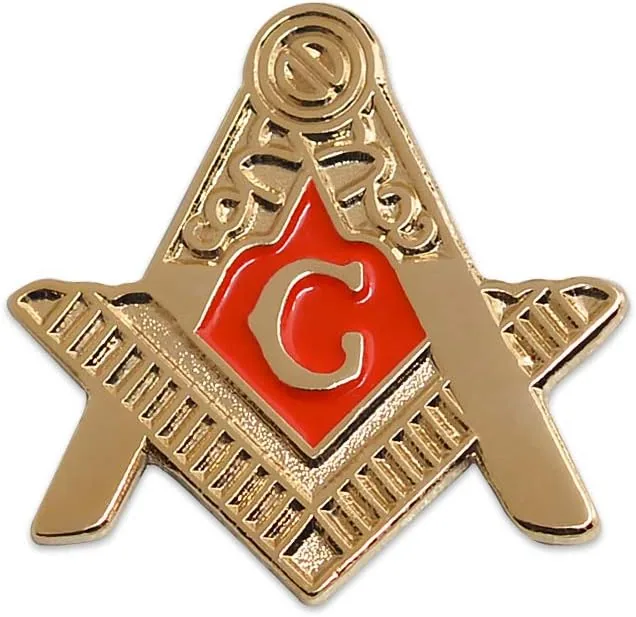 Fellowcraft Square & Compass Masonic Lapel Pin - [Gold & Red][1'' Tall] — product photo