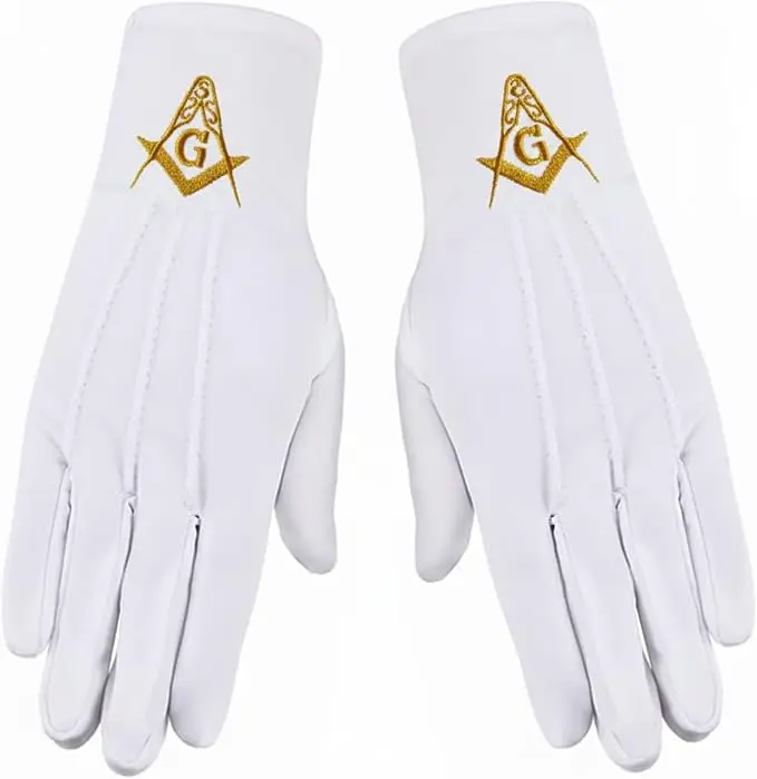Gold Square & Compass Masonic Embroidered Cotton Gloves - [White] — product photo
