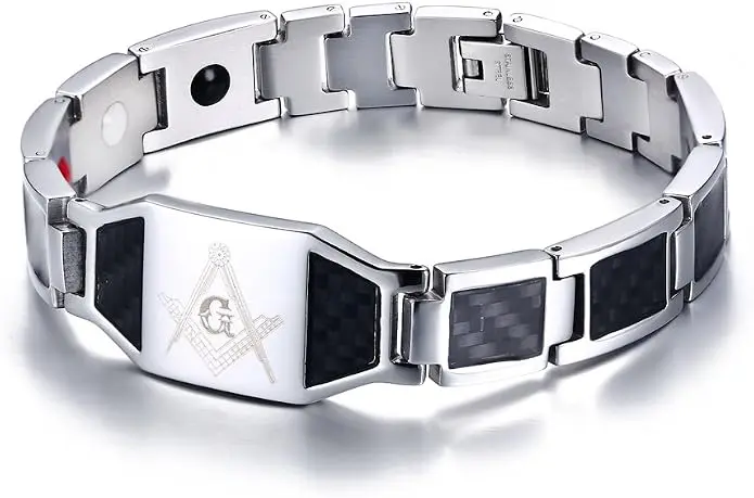Handsome Masonic Bracelet for Men : Stainless Steel Carbon Fiber Inlay Men's… — product photo
