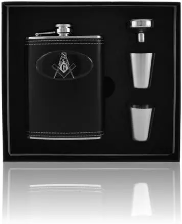 Mason Masonic Leather Wrap 8oz Stainless Steel Flask, Funnel and Shot Glass — product photo