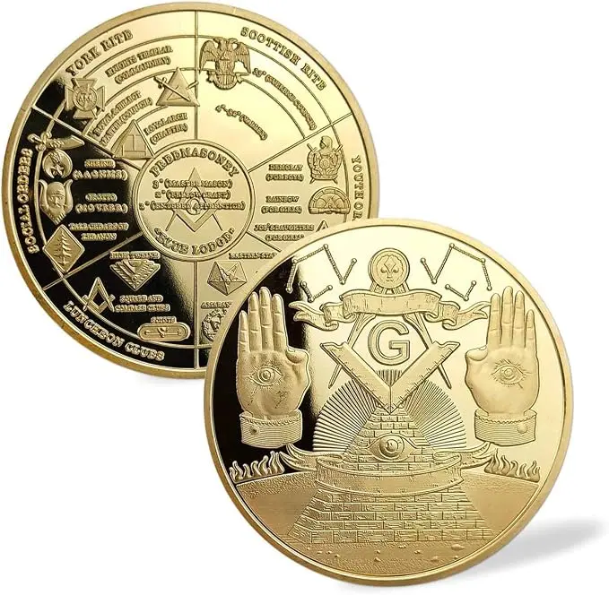 Masonic Challenge Coin Gold Plated for Freemason Coin 3D Design with Case — product photo