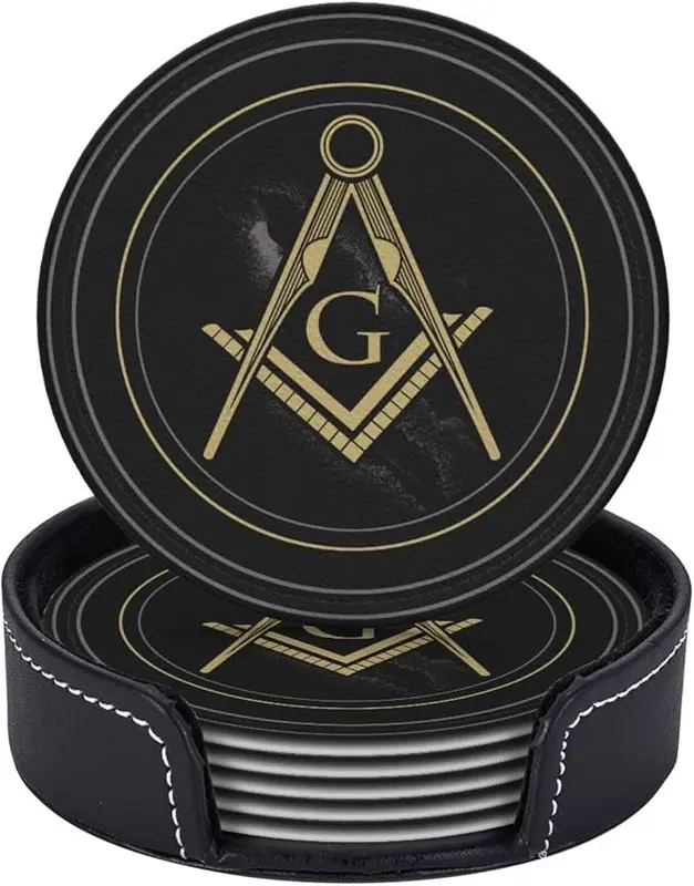 Masonic Freemason Black Leather Drinks Coasters with Holder, Set of 6… — product photo