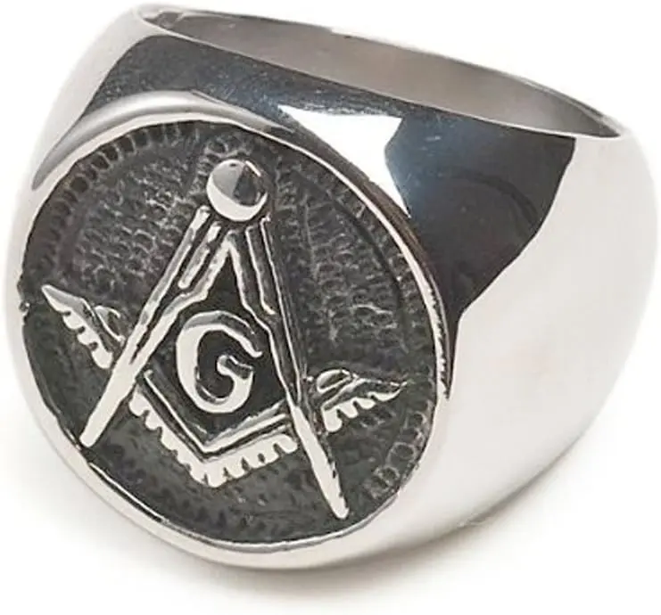 Masonic Rings for Men - Round Chiseled Stainless Steel Freemason Ring.… — product photo
