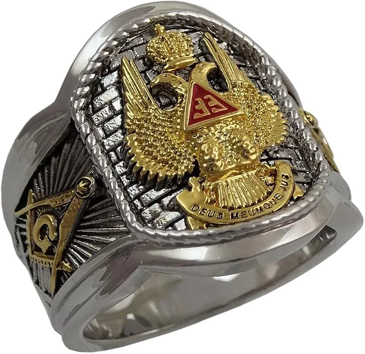 Masonic Scottish Rite 33 Degree Ring 18K Gold Pld White Version 22 Grams… — product photo
