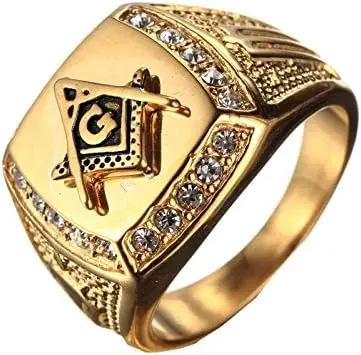 Men's Cubic Zirconia Masonic Freemason Gold Plated Rings — product photo
