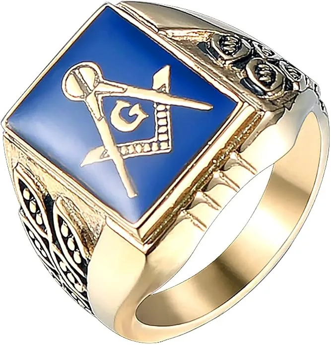 Men's Stainless Steel Gold Plated Freemason Masonic Rings Blue Master Mason… — product photo