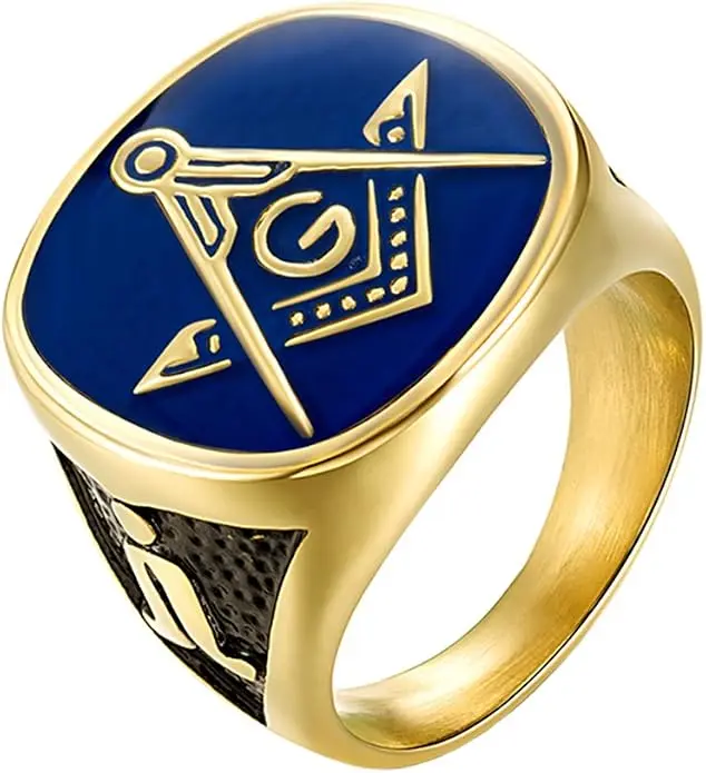 Men's Stainless Steel Gold Plated Freemason Masonic Rings Blue Lodge Compass… — product photo