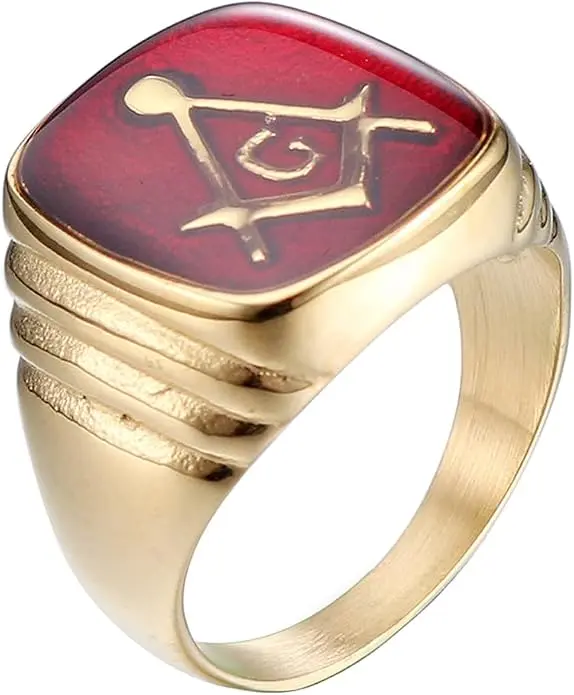 Men's Stainless Steel Vintage Freemason Masonic Ring Red Master Mason Symbol… — product photo