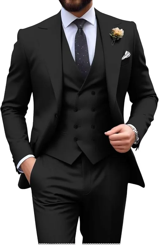 Mens Suit Slim Fit 3 Piece Double Breasted Suit Men Formal Wedding Tuxedo — product photo