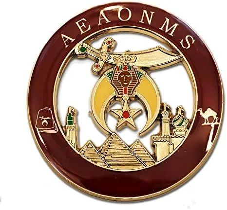 Shriner AEAONMS Round Masonic Auto Emblem - [Raspberry & Gold][3'' Diameter] — product photo