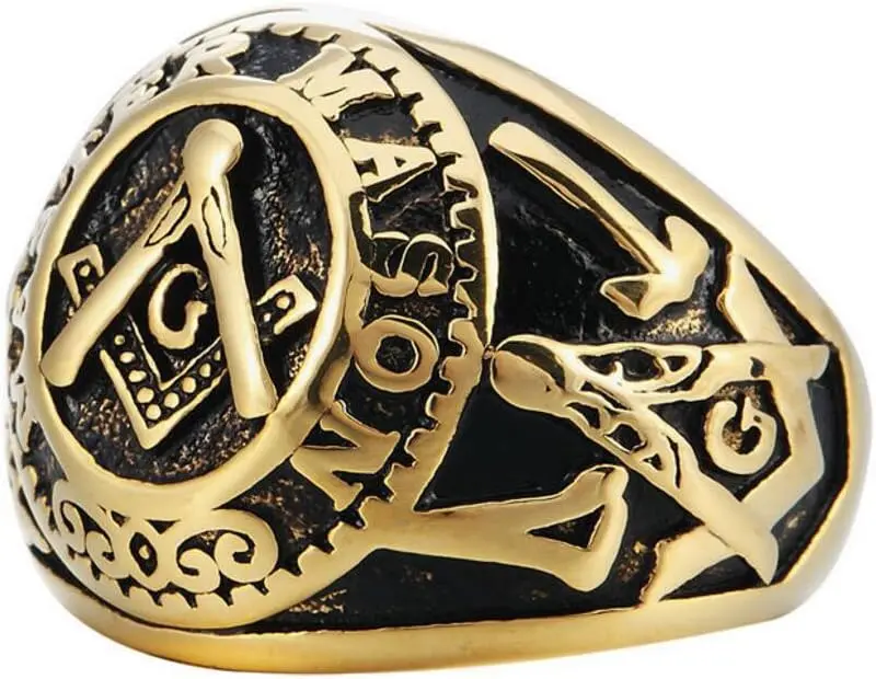 Stainless Steel Gold Plated Vintage Freemason Symbol Masonic Rings Biker… — product photo