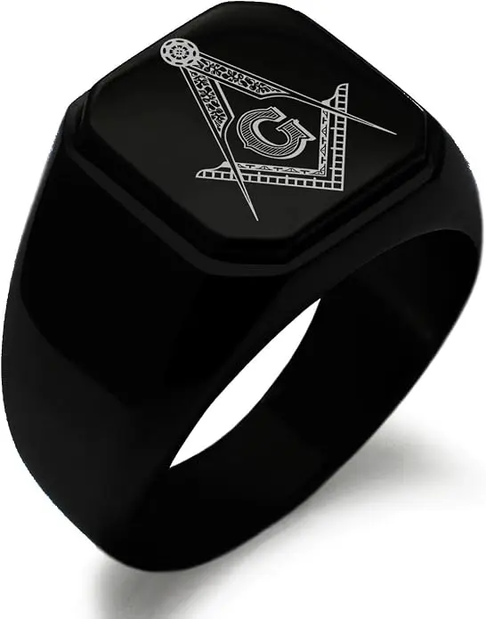 Stainless Steel Signet Biker Rings for Men, Masonic Symbol Square Flat Top — product photo