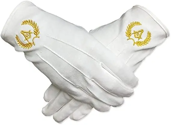 White Cotton Master Masonic Gloves Hand Embroidered Gold Square Compass — product photo