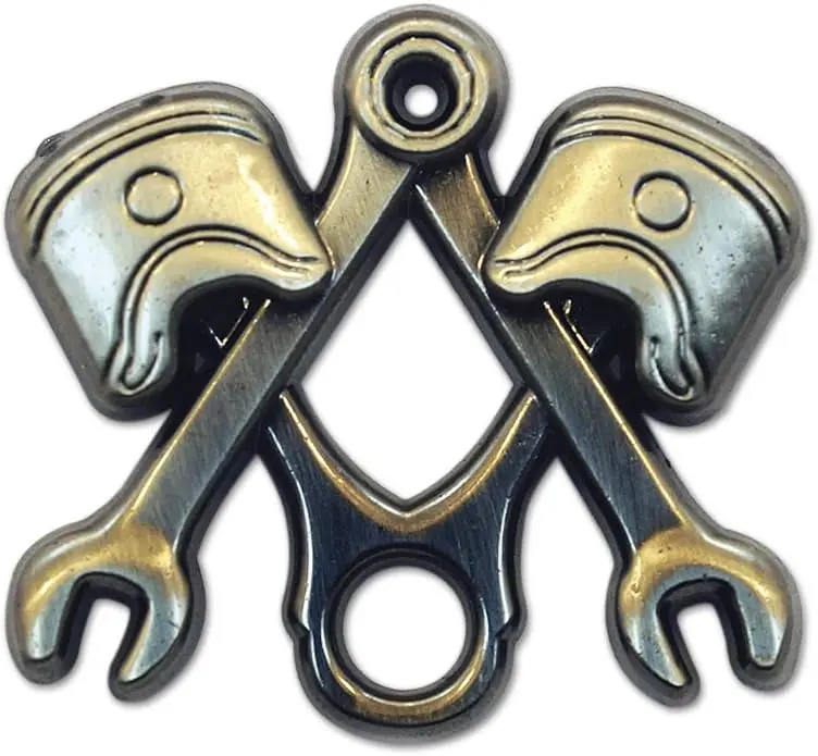 Wrench Piston Square & Compass Masonic Lapel Pin - [Antique Silver][1'' Wide] — product photo